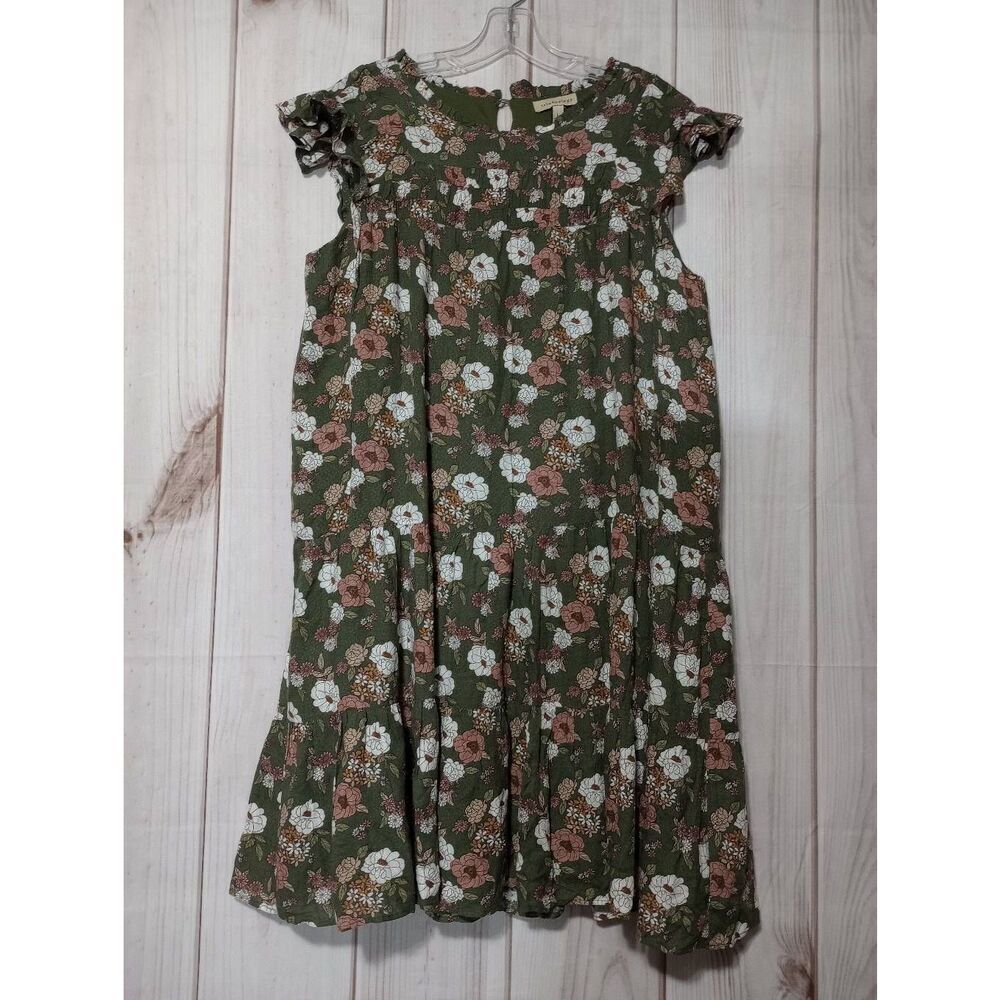 Trinhnology Women Green Floral‎ Tiered Ruffle Sleeve Dress Size Large